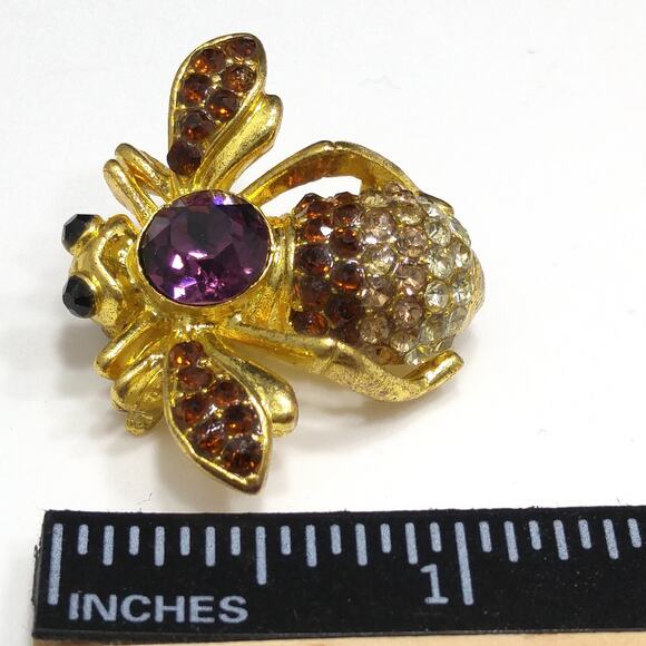 Vintage Bee Insect Rhinestone Brooch, Gold Plated, Unsigned Joan Rivers, 1990s - Picture 6 of 10